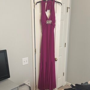 Mary L Couture Halter Magenta Prom Gown with Jeweled Waist